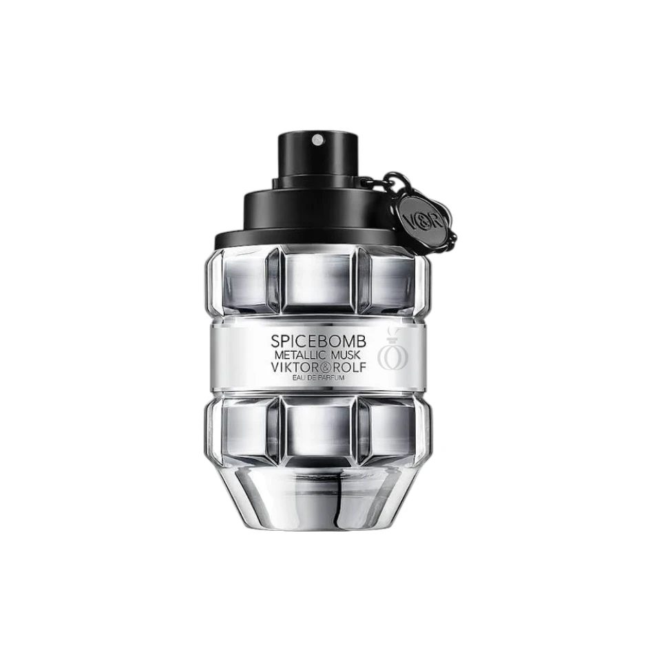 Botella metálica plateada con diseño de granada de Spicebomb Metallic Musk Viktor & Rolf.
