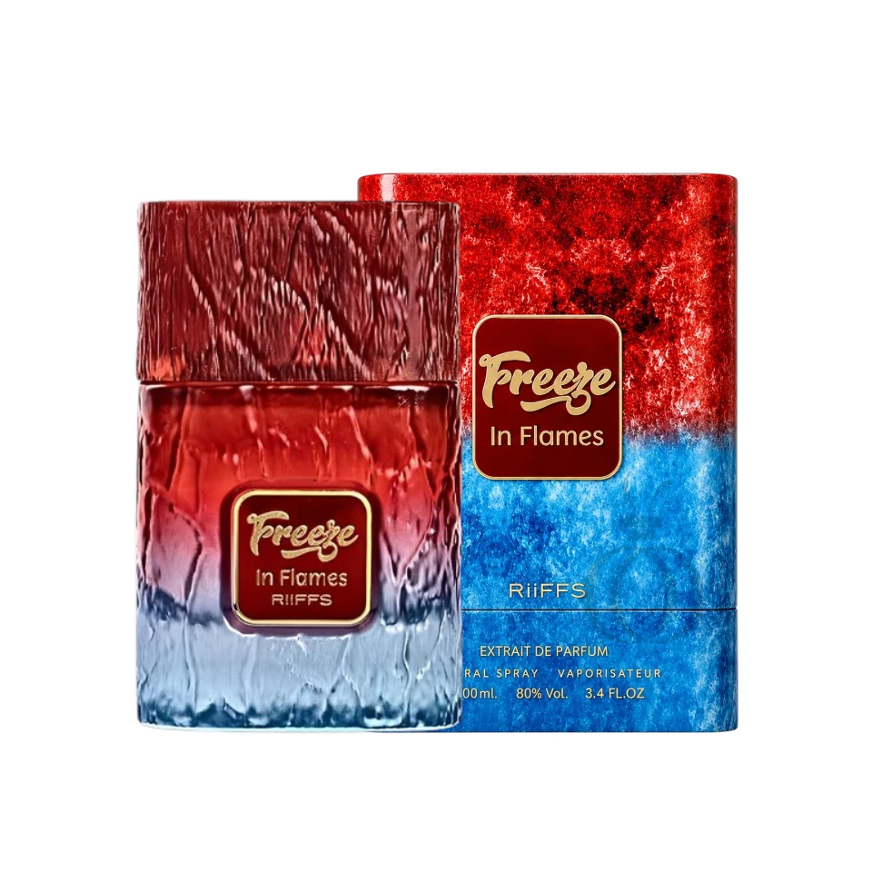 Caja y botella del perfume Riiffs Freeze In Flames en empaque original.