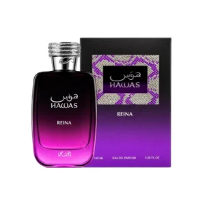Caja y botella del perfume Rasasi Hawas Reina en diseño elegante y femenino.