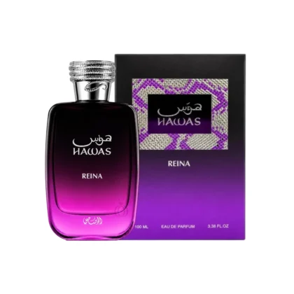 Caja y botella del perfume Rasasi Hawas Reina en diseño elegante y femenino.