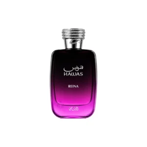 Botella del perfume Rasasi Hawas Reina en acabado transparente y delicado.