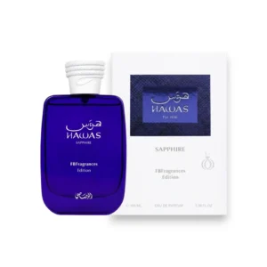 Caja y botella del perfume Rasasi Hawas Sapphire en diseño elegante y masculino.