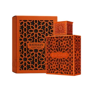 Perfume Rayhaan Vantage con caja elegante y botella sofisticada.
