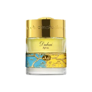 Botella dorada con detalles azules del The Spirit of Dubai Ajyal.
