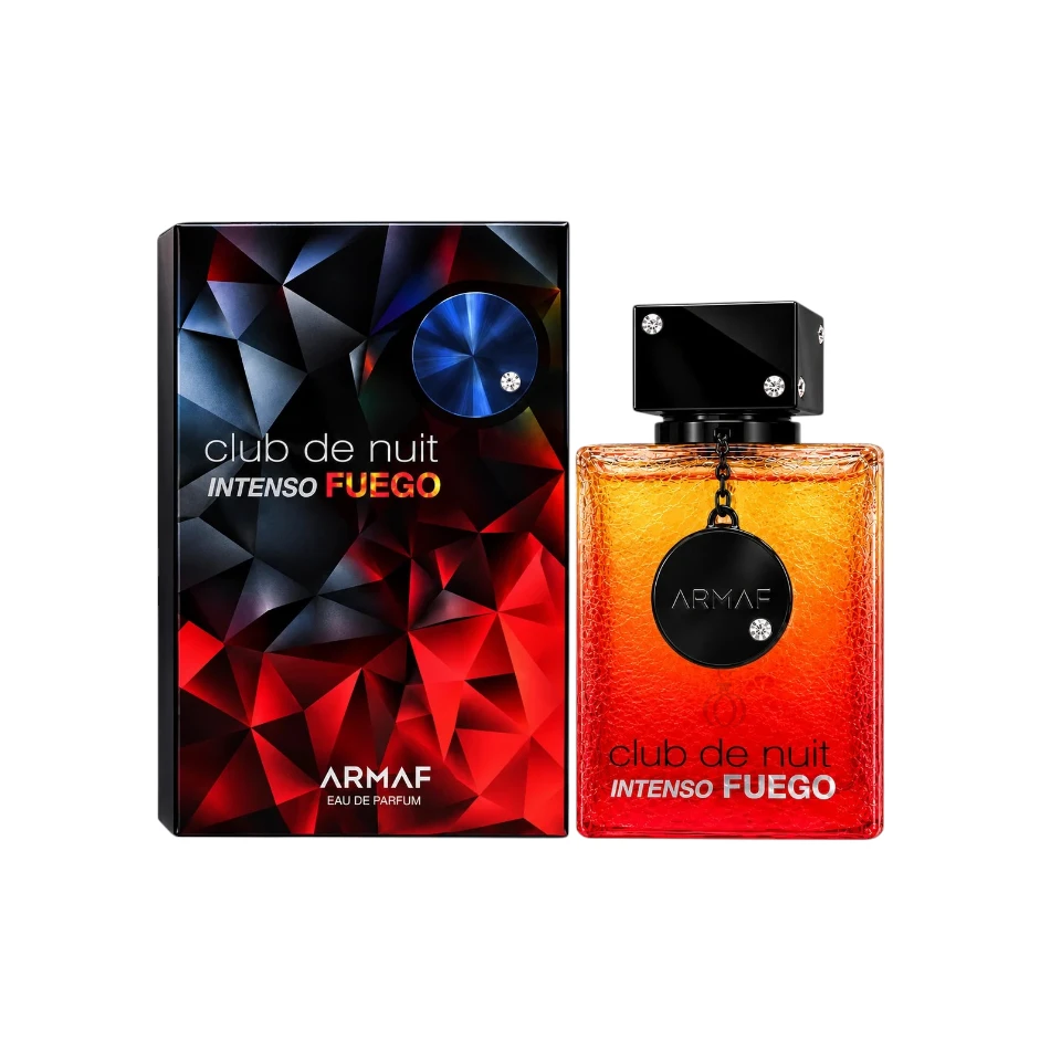 Armaf Club De Nuit Intenso Fuego Eau de Parfum con caja geométrica en tonos negro, rojo y azul junto a su botella degradada rojo fuego.