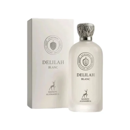 Maison Alhambra Delilah Blanc perfume original con caja blanca elegante y botella de acabado nacarado.