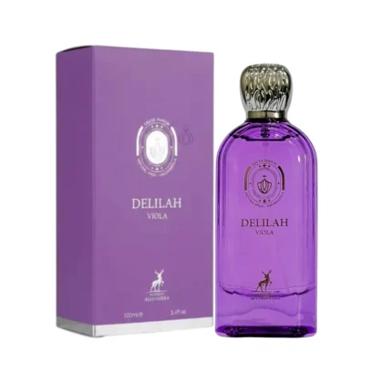 Maison Alhambra Delilah Viola perfume original con caja morada elegante y botella de diseño sofisticado.
